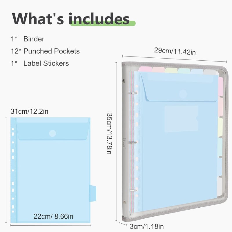 Uquelic Document Organizer, Soft PVC Binder with 12 Colorful Pockets - Zipper Binder 3 Ring with Dividers Letter Size (11'' x 8.5'')-Large Capacity Cute Folder for School, Office & Home Use​ (Grey) - Image 4